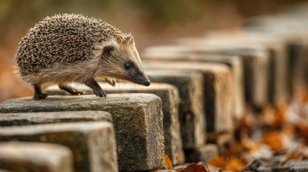 A charming hedgehog is seen walking carefully over stones in a natural setting, surrounded by autumn leaves and soft lighting, showcasing its unique features.の素材