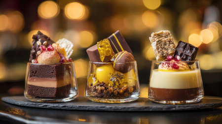 This stunning image showcases a variety of luxurious desserts presented in elegant glassware, perfect for events and celebrations. The blurred lights add a festive touch.の素材