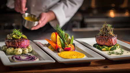 A stunning presentation of three gourmet dishes featuring vibrant vegetables, savory meats, and artistic plating, perfect for culinary enthusiasts and food lovers.の素材