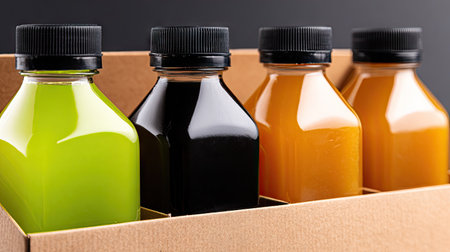 A vibrant array of juice bottles in a well-designed cardboard box, showcasing healthy drink options perfect for individuals embracing a nutritious lifestyle.の素材