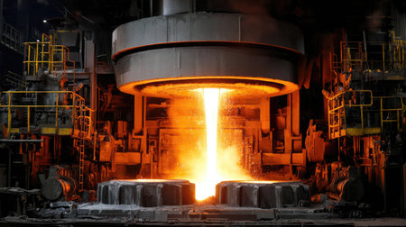 A captivating scene of molten metal flowing from a furnace in a steel factory at night, showcasing the intense heat and industrial process of steel manufacturing.の素材
