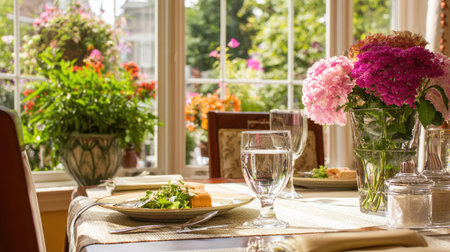 A charming dining scene featuring a beautiful table setting adorned with fresh flowers and a delicious salad, bathed in natural sunlight.の素材