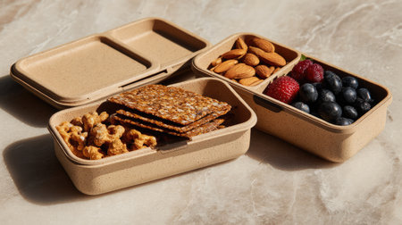 A stylish and eco-friendly food container featuring an assortment of healthy snacks like nuts, berries, and crispbread on a chic marble surface.の素材