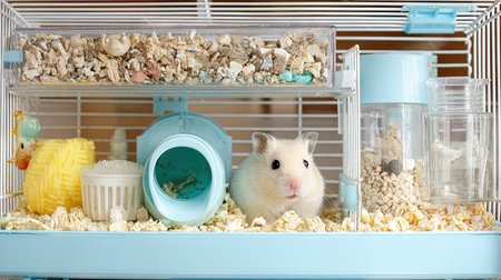 A charming hamster is comfortably settled in its vibrant cage, surrounded by bedding, food, and colorful toys, showcasing a lively pet environment.の素材