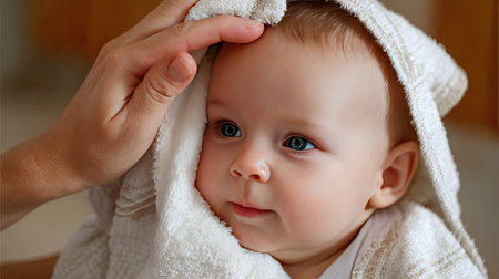 A touching scene of a baby wrapped in a fluffy towel, receiving gentle affection from a caring hand. This image captures the essence of love, warmth, and tenderness in early childhood moments.の素材