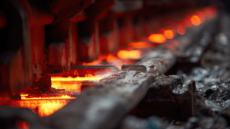 A striking close-up of glowing molten metal flowing through an industrial manufacturing process, showcasing the heat and energy of the environment.の素材