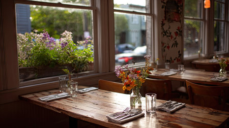 This inviting restaurant scene features a rustic wooden table adorned with vibrant floral arrangements, illuminated by soft natural light through large windows.の素材