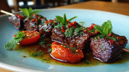 This delicious plate features savory skewers of marinated meat, accompanied by fresh herbs and cherry tomatoes, perfect for a gourmet meal experience.の素材