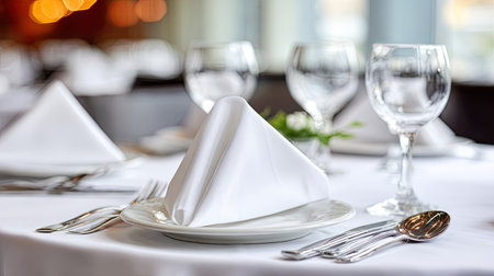Beautifully arranged table featuring an elegant white napkin and exquisite glassware, ideal for fine dining in a modern restaurant setting.の素材
