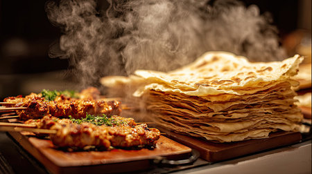 Savor the delightful aroma of barbecue skewers presented alongside freshly baked flatbread. The steam rising creates a cozy atmosphere perfect for culinary enjoyment.の素材
