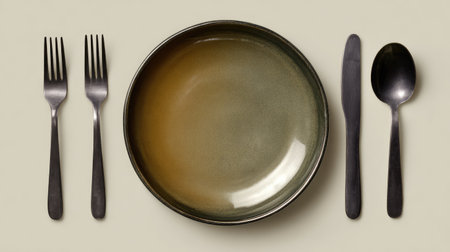 A chic and elegant table setting featuring a minimalist plate and modern cutlery, arranged artfully on a neutral background, perfect for dining displays.の素材