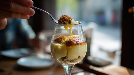 A delightful creamy dessert served in a clear glass topped with a golden crust and a sprinkle of crunchy topping. This dish offers an indulgent treat perfect for any dining experience.の素材