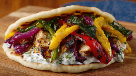 A delectable grilled chicken wrap featuring vibrant peppers and fresh spinach nestled in flatbread, garnished with creamy sauce. Perfect for meals.の素材