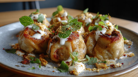 Experience the visual delight of beautifully crafted savory dumplings garnished with fresh herbs and yogurt sauce, perfect for any culinary enthusiast.の素材