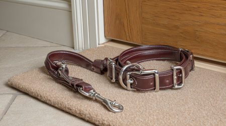 A beautiful brown leather dog collar and leash set lies on a soft rug next to a doorway, showcasing quality craftsmanship and style for pet lovers.の素材