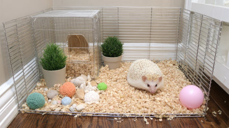 A charming indoor habitat designed for a pet hedgehog, featuring decorative plants, colorful toys, and soft bedding, creating a cozy and playful space.の素材