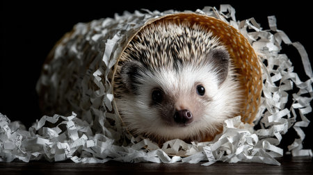 This charming hedgehog explores its cozy paper nest, showcasing its adorable features and curious personality. A delightful capture of animal charm.の素材