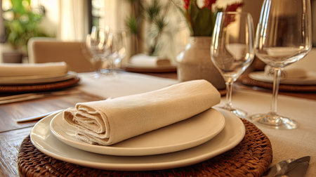 A beautifully arranged dining table showcasing white plates, a linen napkin, elegant glassware, and a charming floral centerpiece, ideal for any occasion.の素材