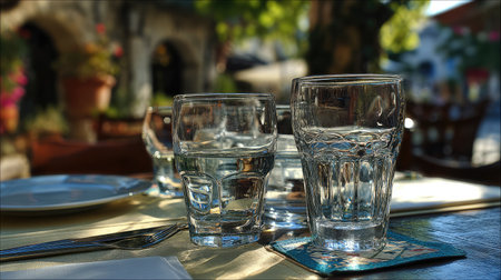 A captivating still life featuring clear glasses filled with water on an outdoor dining table, surrounded by vibrant greenery and warm sunlight, evoking relaxation.の素材