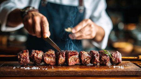 A skilled chef expertly prepares tasty meat skewers on a wooden board, showcasing fresh ingredients, smoke, and an inviting restaurant atmosphere.の素材
