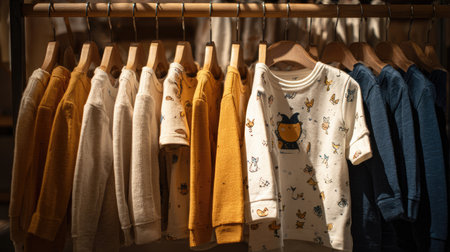 A charming display of colorful children's clothing featuring cute animal designs, hanging neatly in a cozy boutique atmosphere. Perfect for kidsの素材