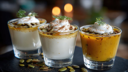 This image showcases three elegant mini desserts presented in glass cups, featuring creamy layers, pumpkin flavors, and delightful toppings, perfect for food lovers.の素材