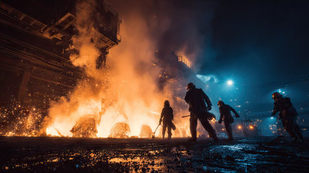 This captivating image captures industrial workers navigating through a fiery environment at night, showcasing the raw intensity of manufacturing.の素材