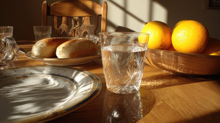 A serene breakfast scene featuring a glass of water, fresh rolls, and vibrant oranges on a sunlit wooden table, creating a warm and inviting atmosphere.の素材