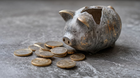 A vintage piggy bank rests on a textured table, surrounded by scattered coins, representing the importance of saving money and effective financial planning.の素材