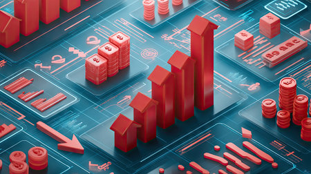 This image features a vibrant red 3D bar graph set against a sleek digital background, perfectly illustrating financial growth and analytical data trends.の素材