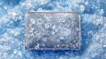 A sleek silver wallet is encased in ice cubes against a blue background, creating a striking visual representation of cold finance concepts and saving strategies.の素材