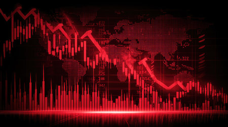 This abstract financial image showcases a dramatic decline in market trends with red graphs overlaying a global map, symbolizing economic downturns.の素材