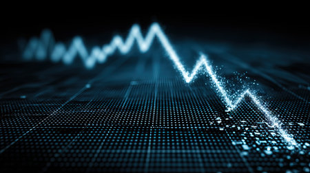 This abstract digital image showcases a dynamic financial data chart with rising and falling lines, set against a dark background, illustrating trends and analytics.の素材