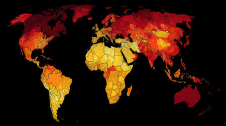 This vibrant heat map displays temperature variation across the globe, illustrating climate change effects in distinct colors. It serves as a visual representation to raise awareness about environmental issues.の素材