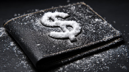 A striking black wallet sits against a dark background, dusted with snow, showcasing a dollar symbol that reflects themes of finance, winter, and value.の素材