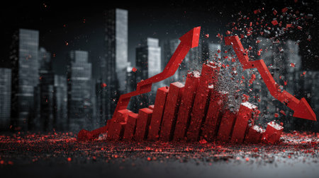 This striking image depicts the abstract representation of financial market trends, showcasing dynamic growth and decline in a modern city environment.の素材