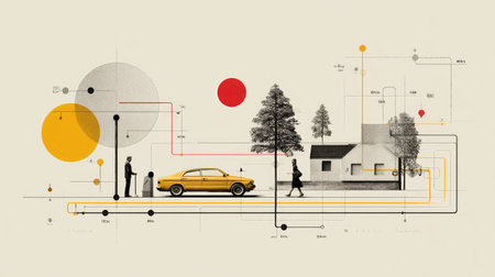 This artistic composition showcases a modern urban scene featuring a yellow car, abstract elements, and characters engaging with their environment.の素材