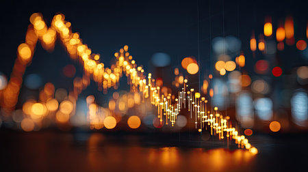This image showcases a visually striking representation of a financial downtrend, featuring glowing elements against a vibrant bokeh background.の素材