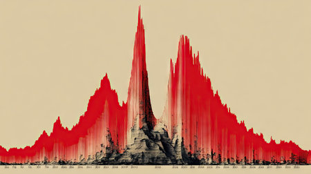 This striking graph captures the essence of statistical trends, showcasing peaks and valleys in vibrant red tones. The unique design emphasizes data dynamics, making it perfect for presentations and reports on analytical insights.の素材