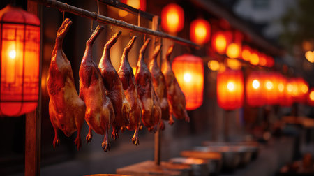 A captivating night scene of an Asian street market showcasing hanging roast ducks under glowing red lanterns, creating a warm and inviting atmosphere.の素材