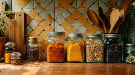 A visually appealing display of spice jars filled with vibrant powders and seeds on a warm kitchen counter, showcasing an organized culinary space.の素材