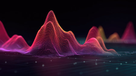 This captivating abstract image showcases colorful digital waveforms representing sound and data visualization against a dark background, perfect for modern technology themes.の素材