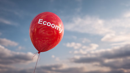 A vibrant red balloon featuring the word "Economy" floats elegantly against a beautiful sky filled with clouds, capturing the essence of financial growth and optimism.の素材