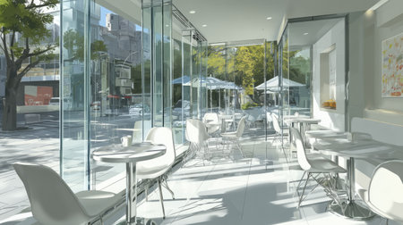 A sleek and modern cafe interior featuring glass walls that illuminate the space with natural light. Chic furniture invites relaxation and conversation.の素材