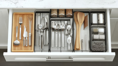 A neatly organized kitchen drawer showcasing various utensils, cutlery, and storage solutions, providing a modern and efficient cooking space.の素材