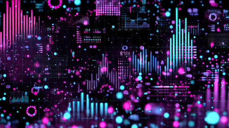 This abstract image displays a vibrant digital data visualization featuring colorful charts and circles in neon pink and blue tones, representing modern technology and analytics.の素材
