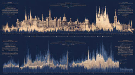 This captivating data visualization art showcases a cityscape layered with statistical peaks, creatively illustrating historical events over time.の素材