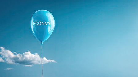 A vibrant blue balloon with the word "ECONOMY" displayed prominently floats against a bright sky, representing economic themes and growth opportunities.の素材