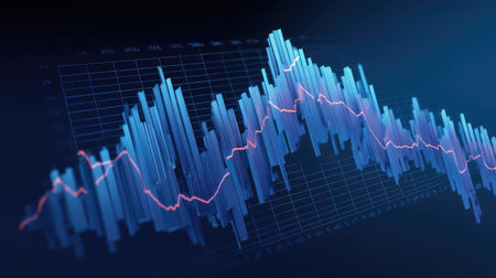 This image showcases an abstract visualization of financial data with vibrant blue and pink graphs, perfect for illustrating stock market trends and economic analysis.の素材