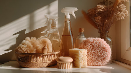 A serene bathroom setting featuring natural cleaning supplies, soft brushes, and dried flowers captures a cozy and aesthetic vibe in warm sunlight.の素材